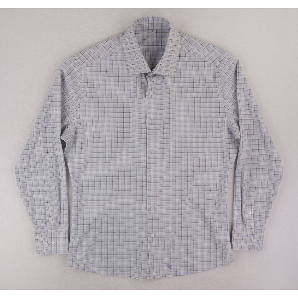 State & Liberty Dress Shirt Mens L White Purple Plaid Athletic Fit Long Sleeve